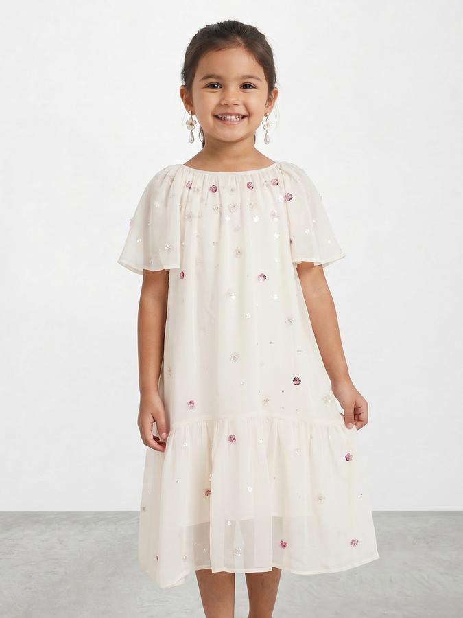 R&B Girl White Embroidery Floral Pure Cotton Flutter Sleeves A-Line Dress