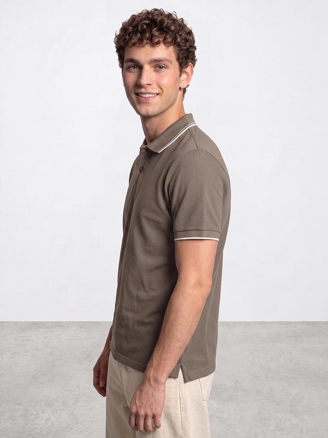 R&B Men Olive Textured Short Sleeves Polo Collar T-Shirt
