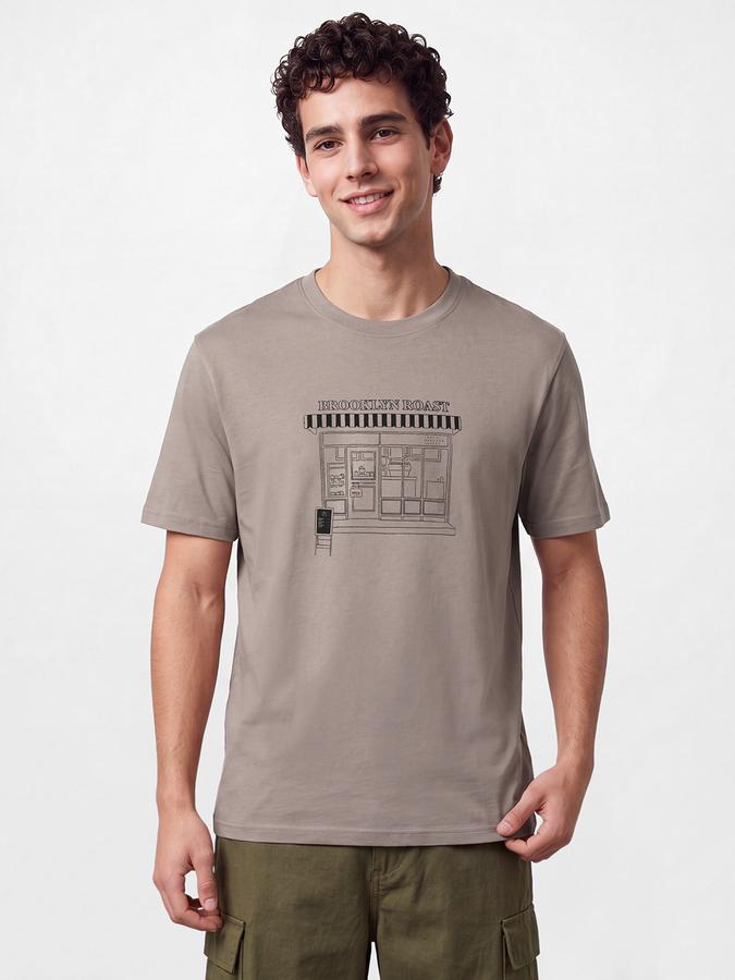 R&B Men Sand Brown Graphic Print Short Sleeves Relaxed Fit Pure Cotton Tshirt