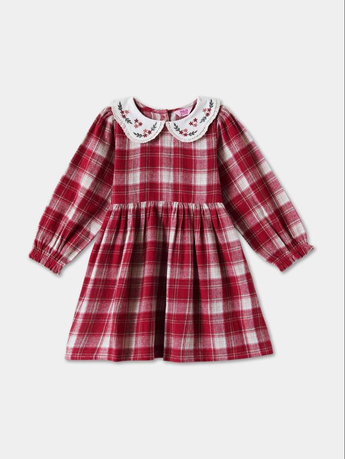 R&B Red Checked  Girls Long Sleeves Dress