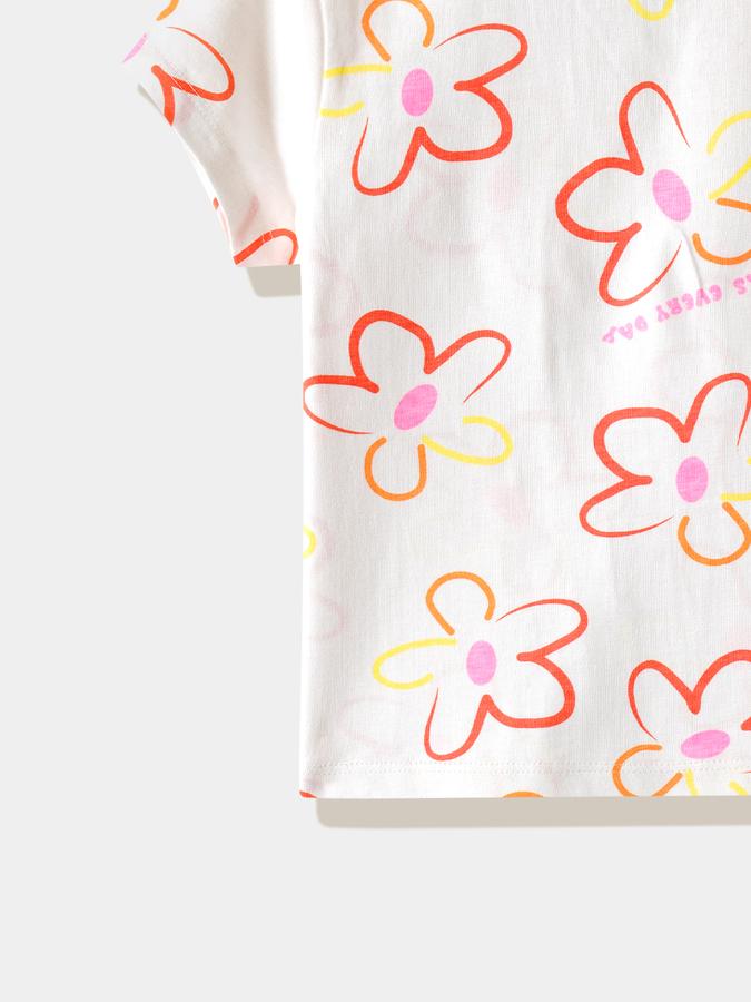 Girls Cotton Regular Fit Crew Neck Floral T-shirt