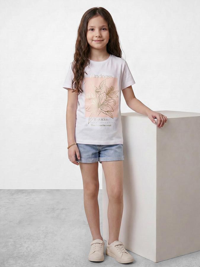 R&B White Girls Printed Short Sleeves Tshirt