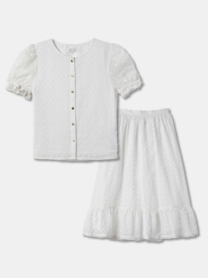 Girls Embroidered Puff Sleeve Chiffon Top and Skirt Set