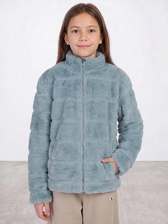 R&B Girls Teal Self Design Mock Collar Long Sleeves Fur Jacket