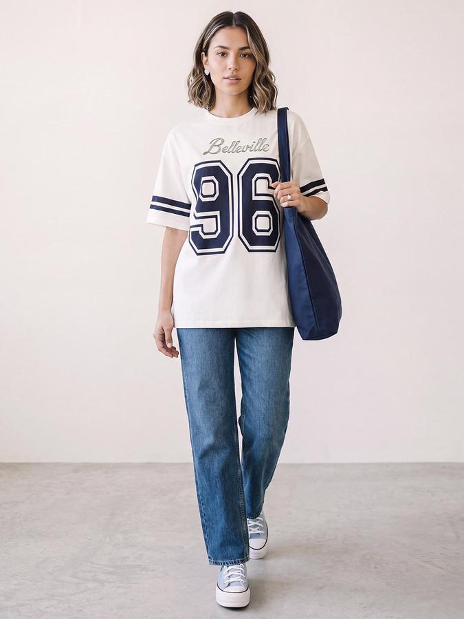 R&B Women Ivory Short Sleeve Round Neck Typography Graphic Print T-Shirt
