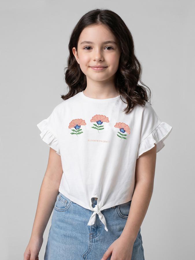 R&B White Floral Print Girls Round Neck Regular Fit Short Sleeves T-Shirt 