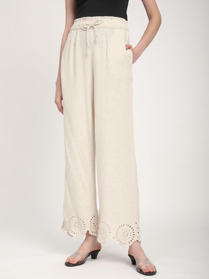R&B Women Beige Textured Eyelet Wide-Leg Trousers
