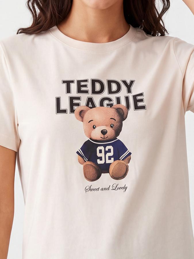R&B Women Off White Teddy Printed Short Sleeves Tshirt