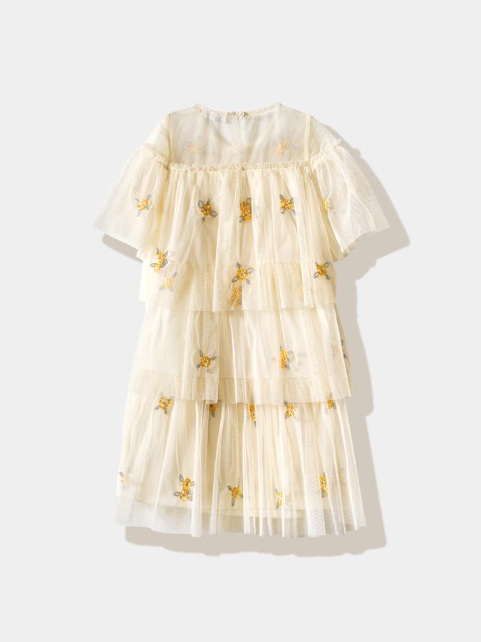 Girls Tulle A-Line Round Neck Embroidered Dress