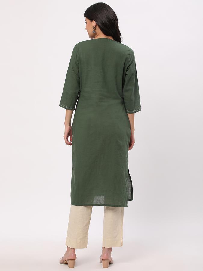 Women Cotton Flax Regular Fit Round Neck Embroidered Kurta
