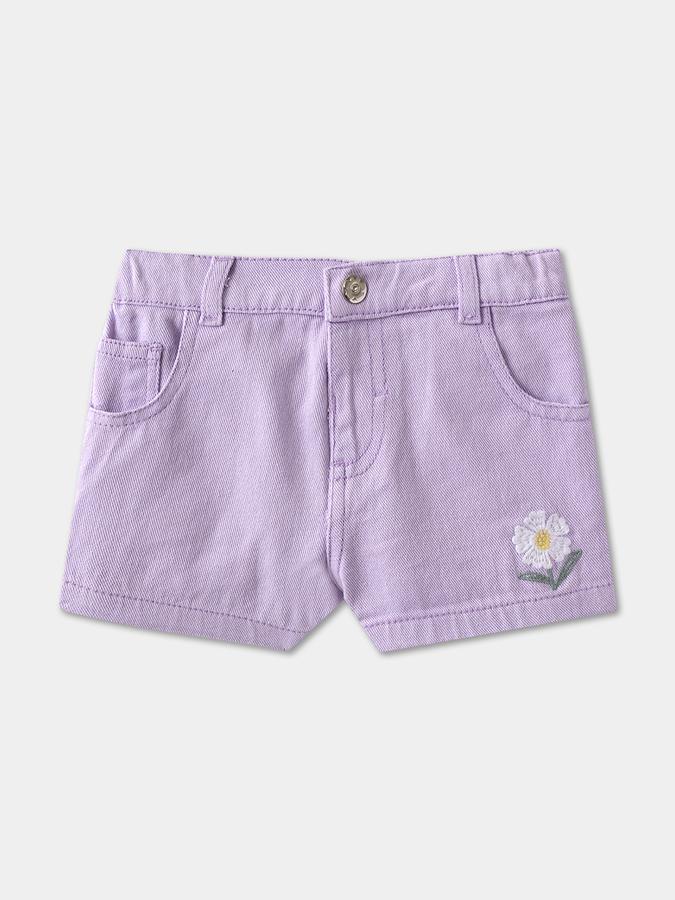 Girls Cotton Regular Fit Mid-Waist Embroidered Hem Shorts