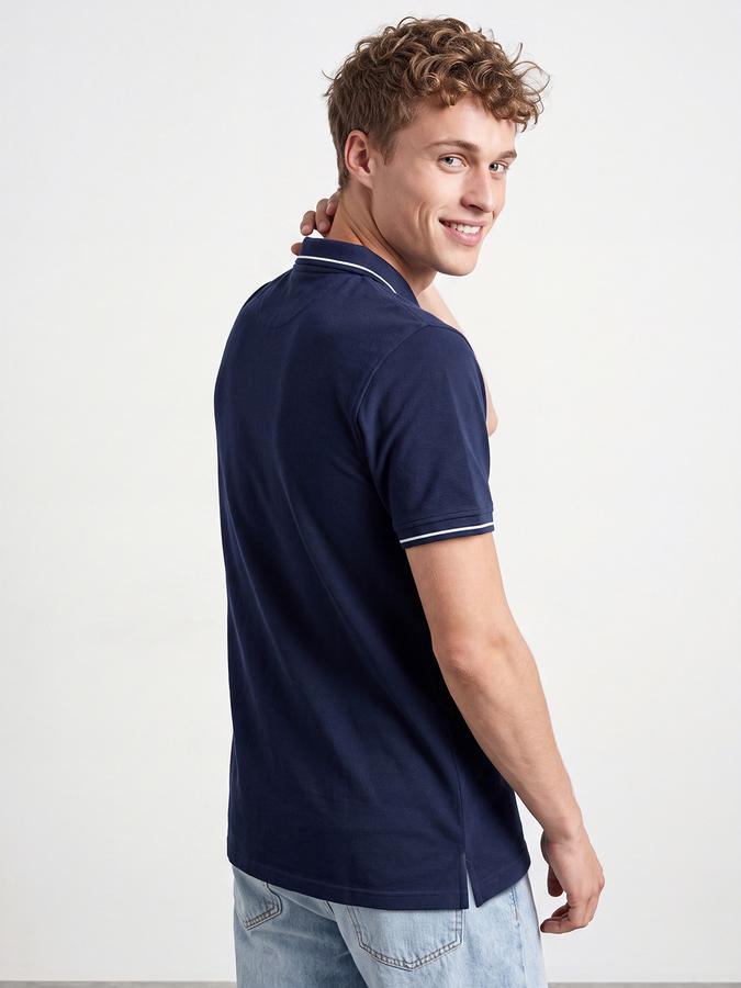R&B Men Blue Solid Short Sleeves Tipping Polo Collar Tshirt