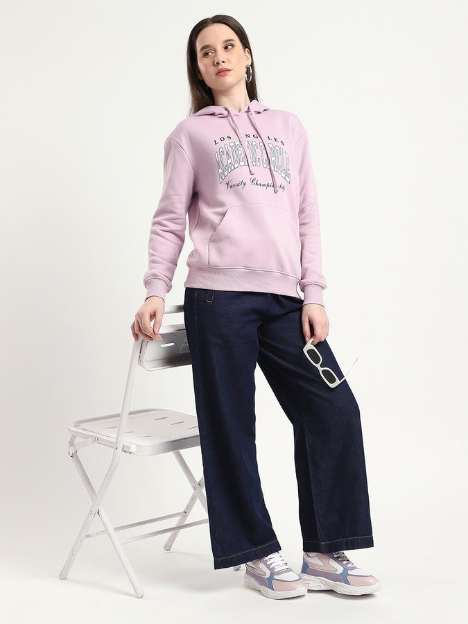 Women Cotton Blend Relaxed Fit Hooded Typographic Sweatshirt