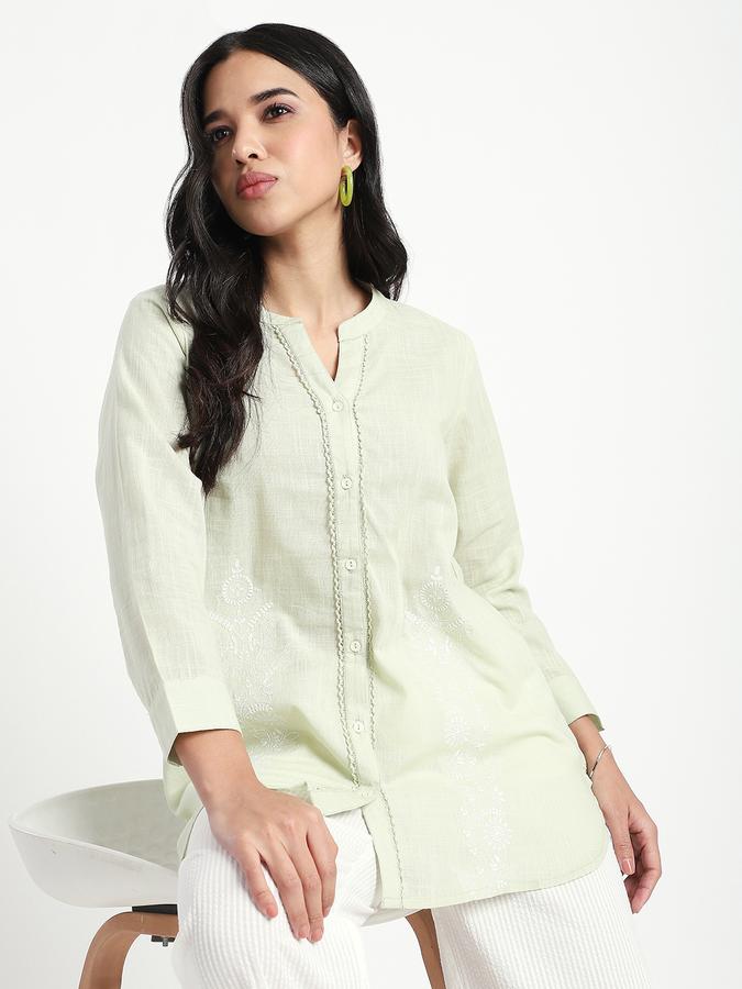 Women Viscose Relaxed Fit Mandarin Collar Solid Top