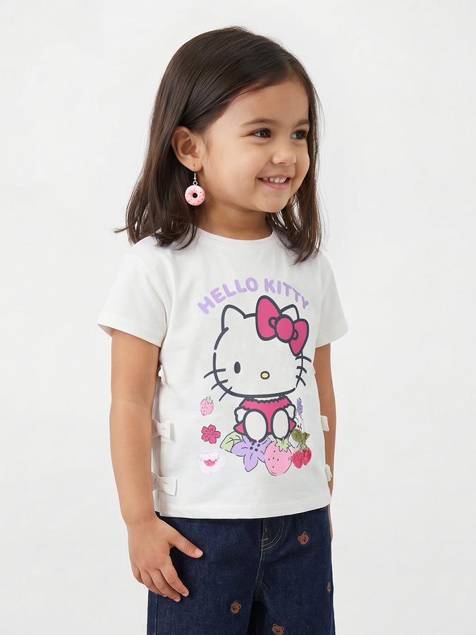R&B Girls White Regular Fit Hello Kitty Printed Short Sleeve T-shirt