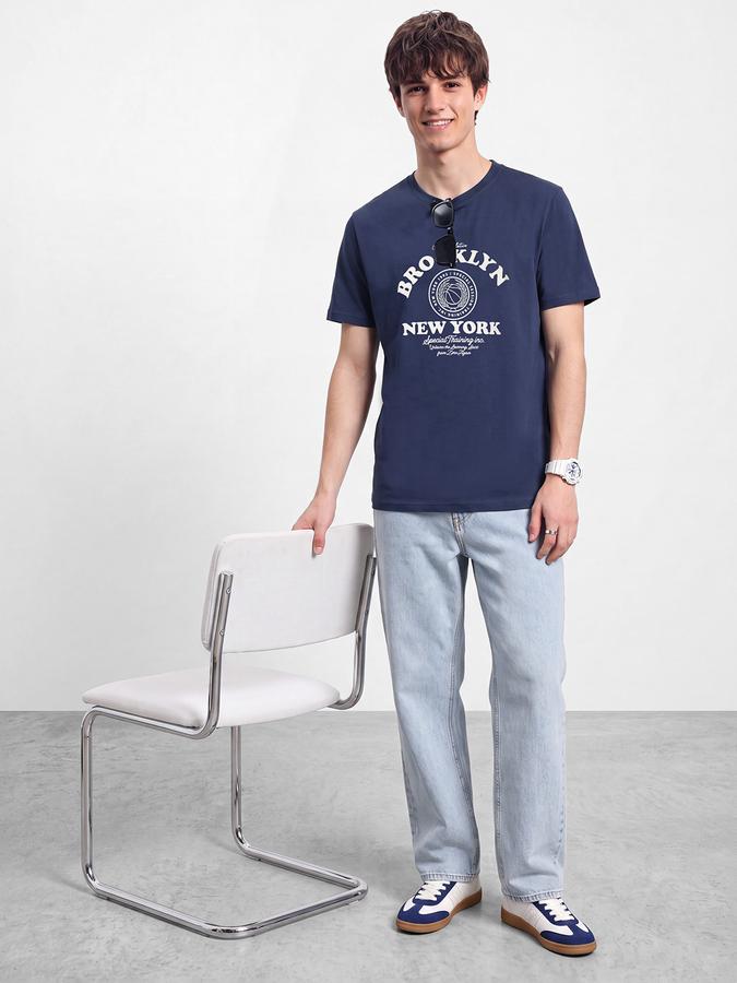 R&B Men Light Blue Graphic Print Short Sleeves Pure Cotton Tshirt