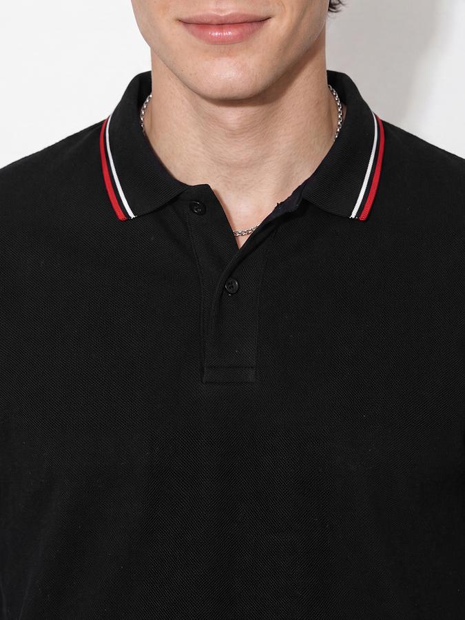 R&B Men Black Solid Short Sleeves Tipping Polo Collar Tshirt