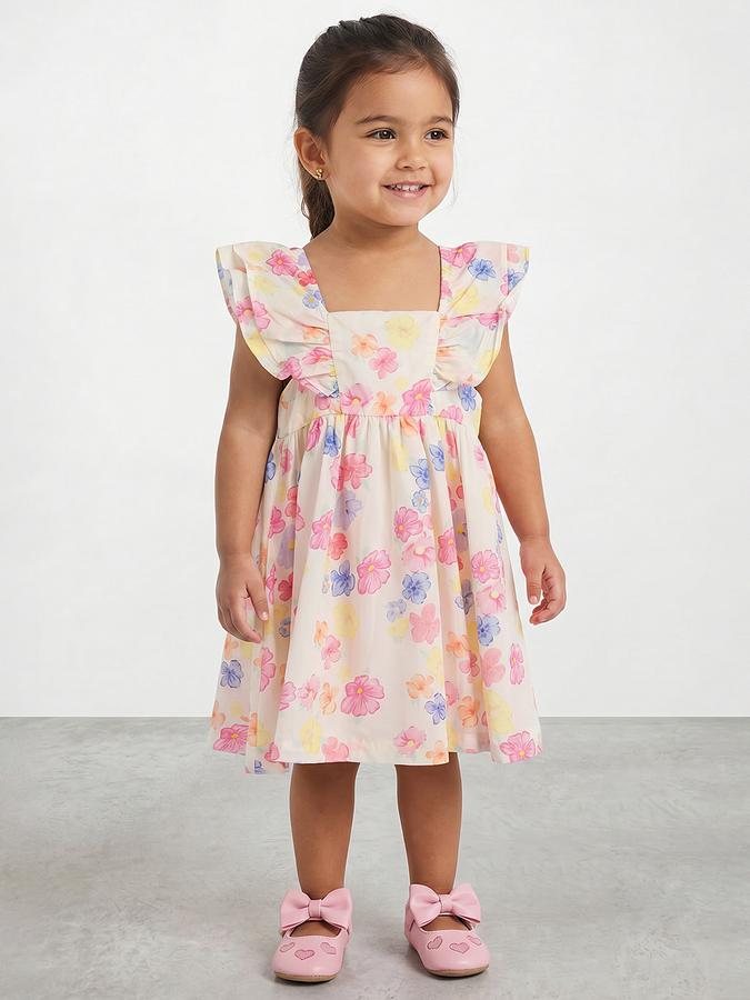 R&B Girl White Floral Print Pure Cotton Flutter Sleeves Fit and Flare Dress