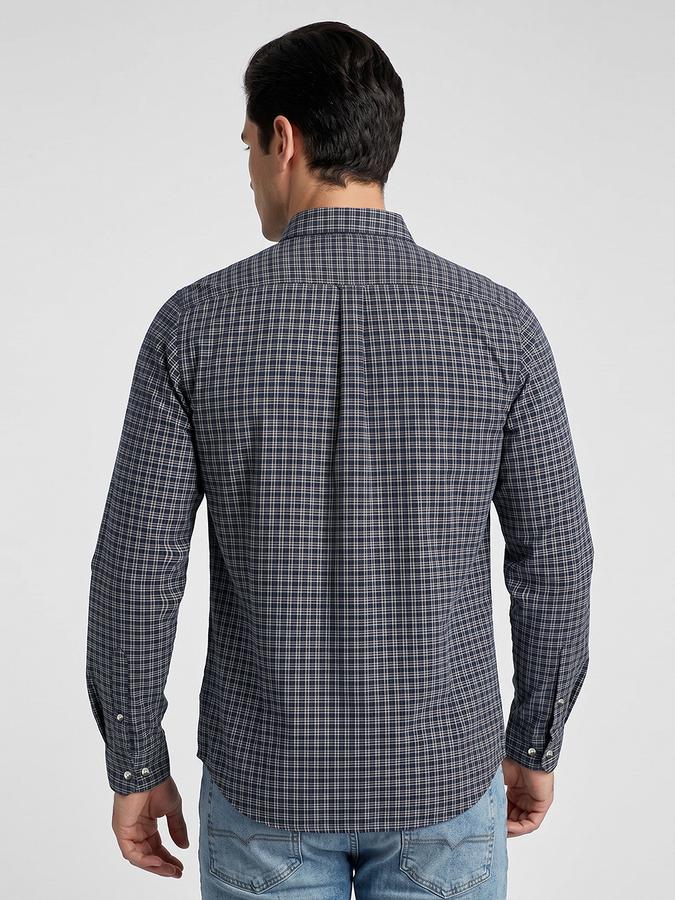 R&B Blue Checked Men Spread Collar Long Sleeves Shirt
