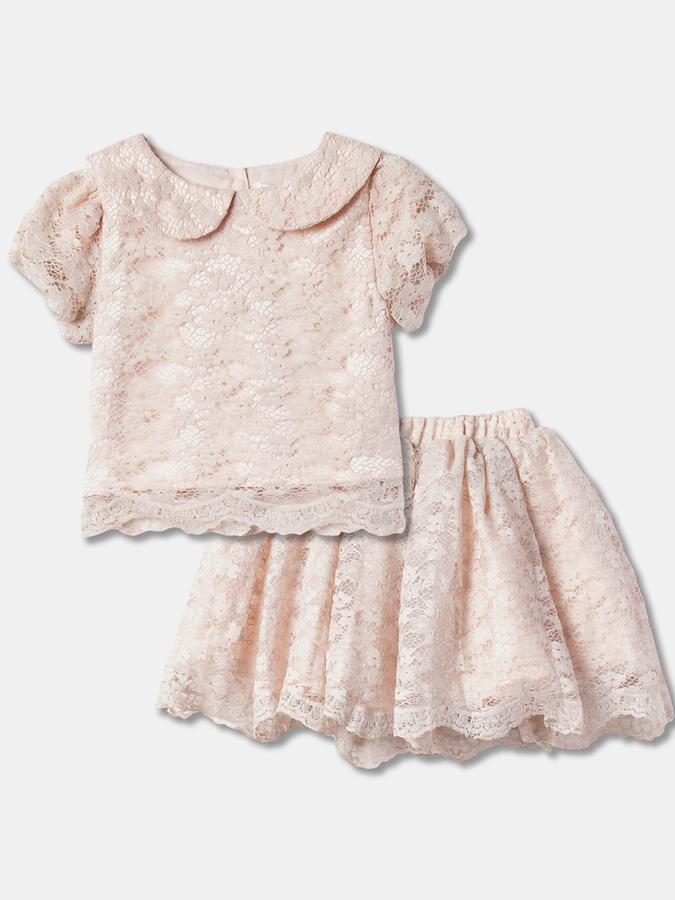 Girls Floral Puff Sleeve Lace Blouse with Ruffled Skirt Set