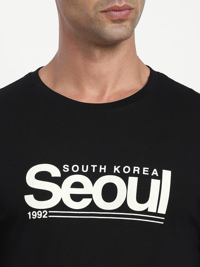 R&B Men Black Typography Printed Pure Cotton Short Sleeves Tshirt