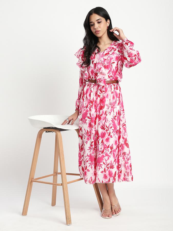 R&B Women Pink Abstract Print Ruffle Shirt Dress