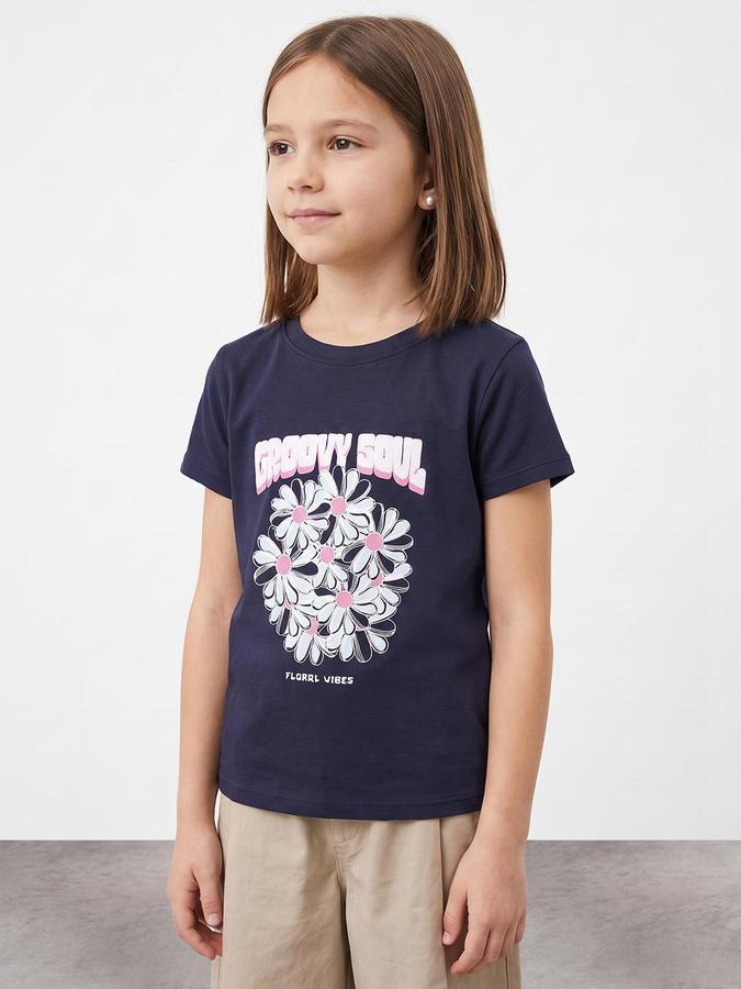 R&B Girls Navy Graphic Print Short Sleeves Round Neck Pure Cotton T-Shirt