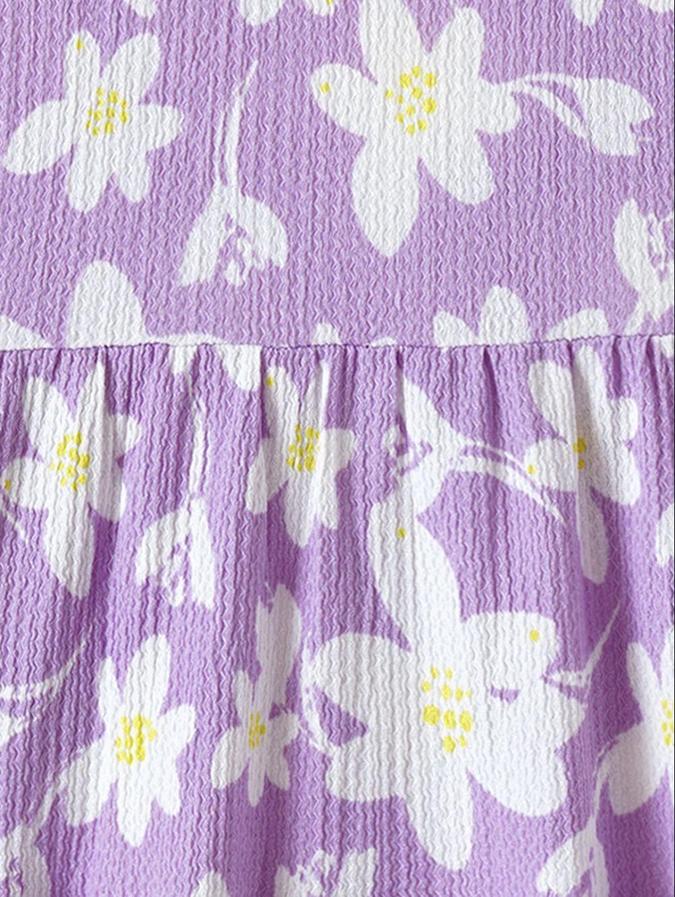 R&B Purple Floral Printed Girls Short Sleeves Dress
