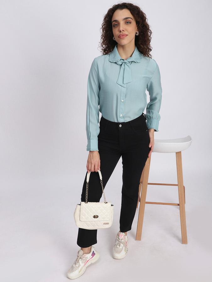 Women Polyester Regular Fit Tie Neck Ruffled Top