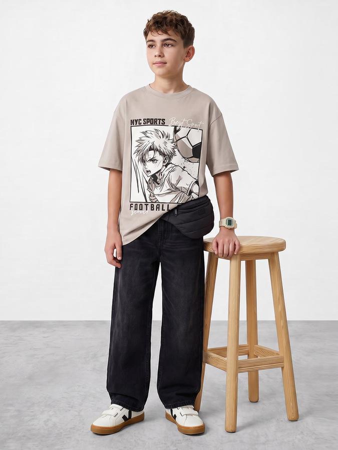 R&B Boys Grey Short sleeve Round Neck Game On Football Graphics Bold Graphic Pure Cotton T-Shirt