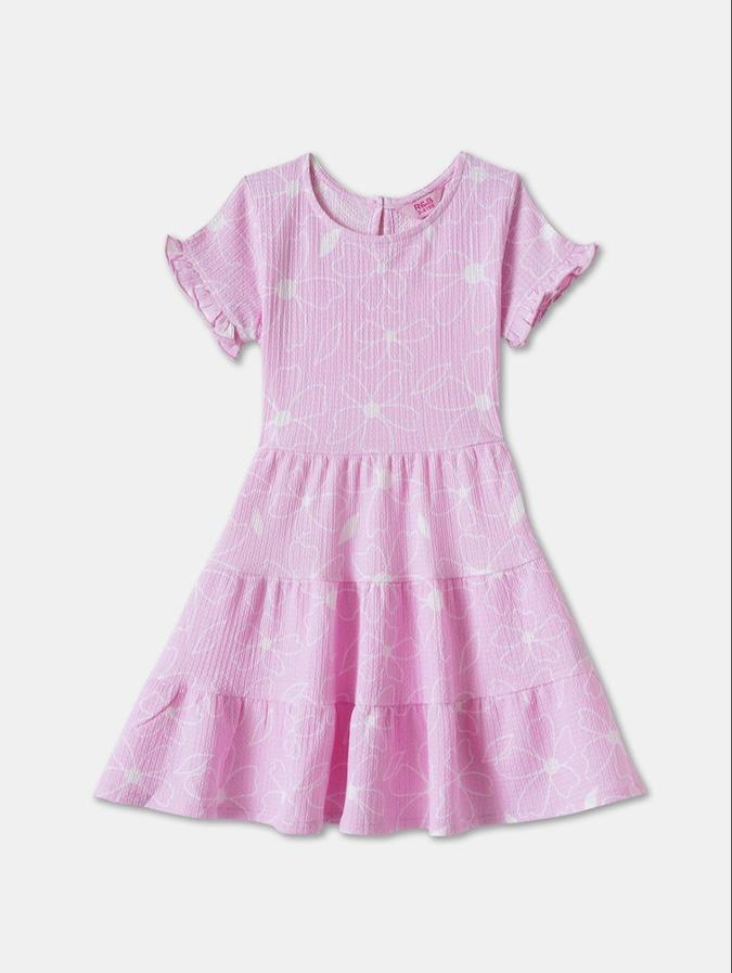 R&B Pink Floral Printed Girls Short Sleeves Dress