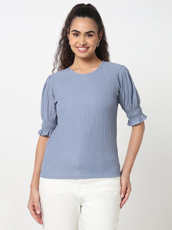Women Polyester Relaxed Fit Round Neck Ruffled Top