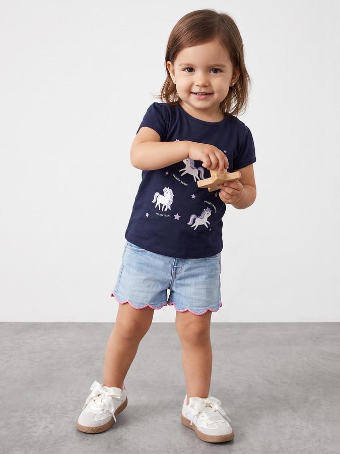 R&B Girls Navy Unicorn Print Short Sleeves Round Neck Pure Cotton T-Shirt