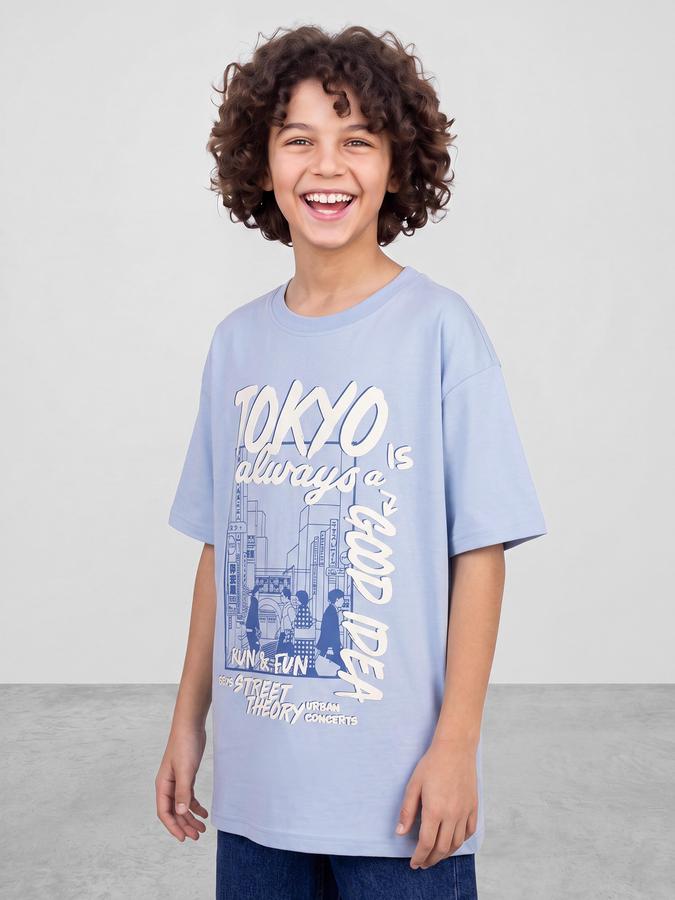 R&B Boys Blue Graphic Print Short Sleeves Round Neck Pure Cotton T-Shirt