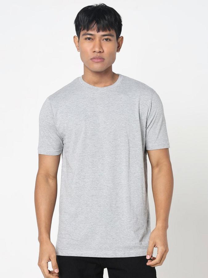 R&B Mens Grey Melange Solid Round Neck Short Sleeves T-shirt