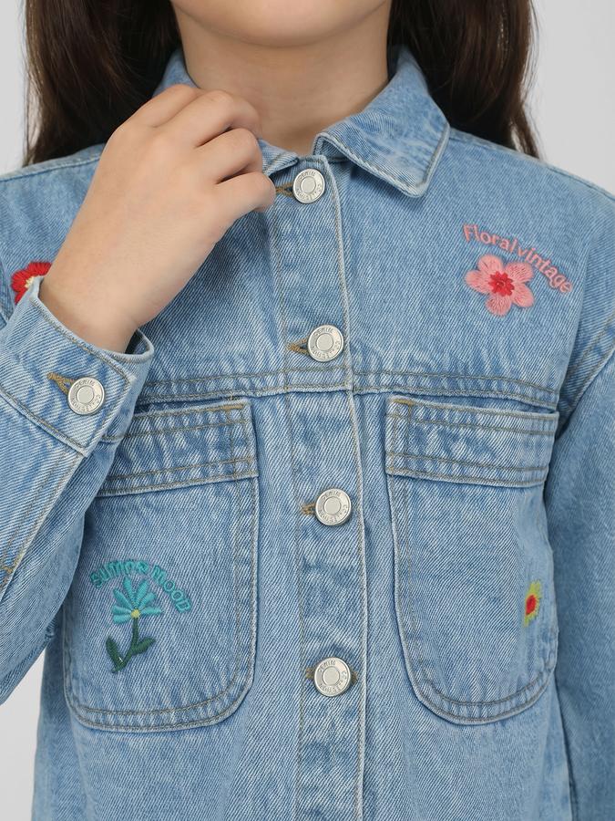R&B Blue Solid Girls Long Sleeves Spread Collar Jacket