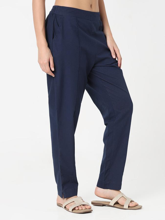 Women Cotton Tapered Elasticated Waist Solid Trousers