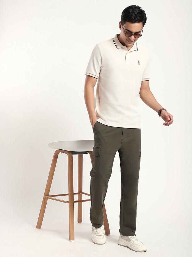 R&B Men Beige Solid Short Sleeves Polo Tshirt