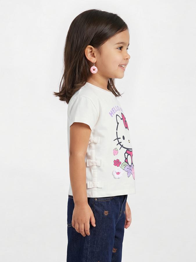 R&B Girls White Regular Fit Hello Kitty Printed Short Sleeve T-shirt