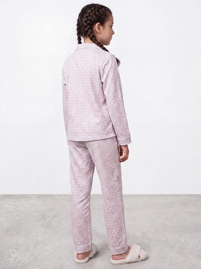 R&B Girls Beige Pure Cotton Floral Print Shirt and Pant Night Suit