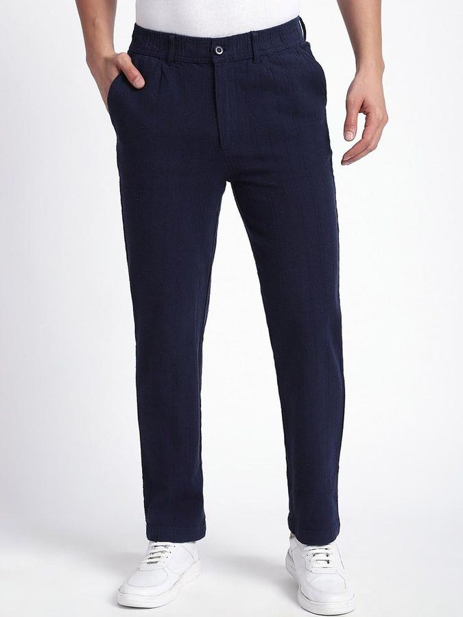 R&B Men Navy Self Design Regular Fit Trousers