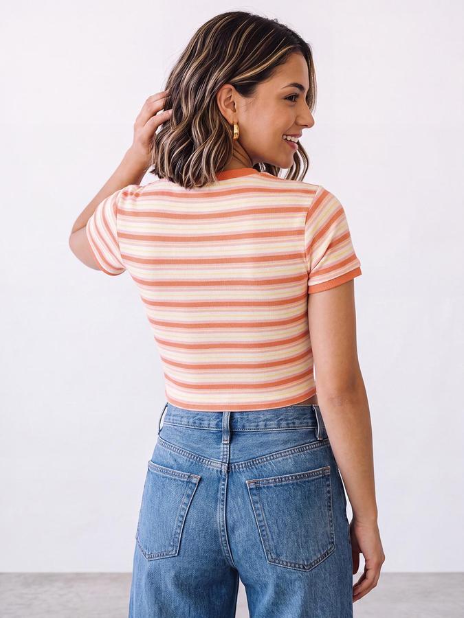 R&B Womens Orange Round Neck Short Sleeves Striped Crop Top