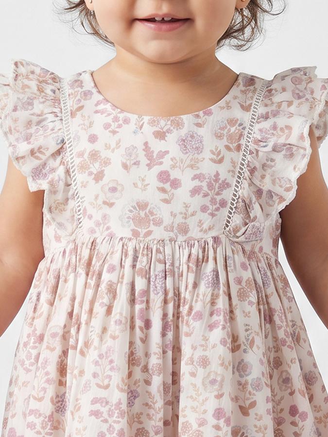 R&B Girl White Floral Print Pure Cotton Flutter Sleeves Fit and Flare Dress