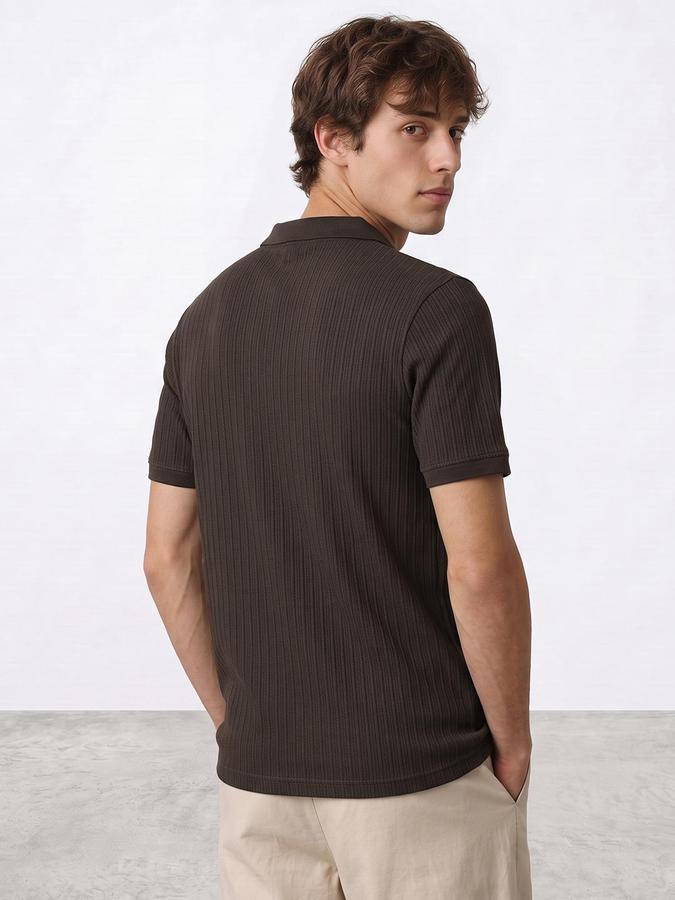 R&B Men Brown Textured Short Sleeves Polo Collar T-Shirt