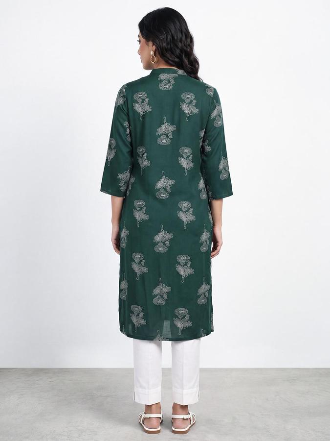 R&B Women Green Floral Print Mandarin Collar Three-Quarter Sleeves Straight Kurta