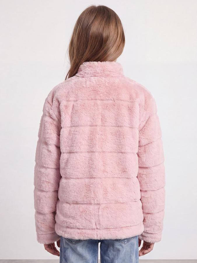 R&B Girls Pink Self Design Raised Collar Fur Jacket