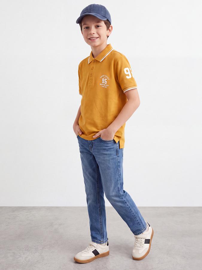 R&B Boys Mustard Collegiate Badge Printed Polo Collar Short Sleeves Pure Cotton T-shirt