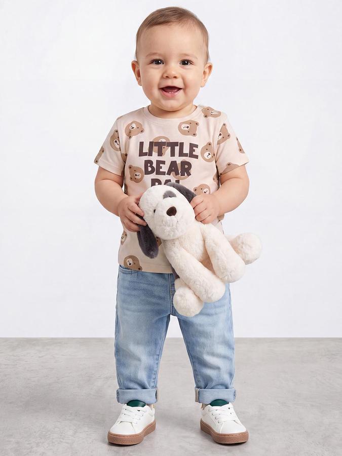 R&B Boys Beige Short Sleeve Round Neck Teddy Bear Printed T-Shirt