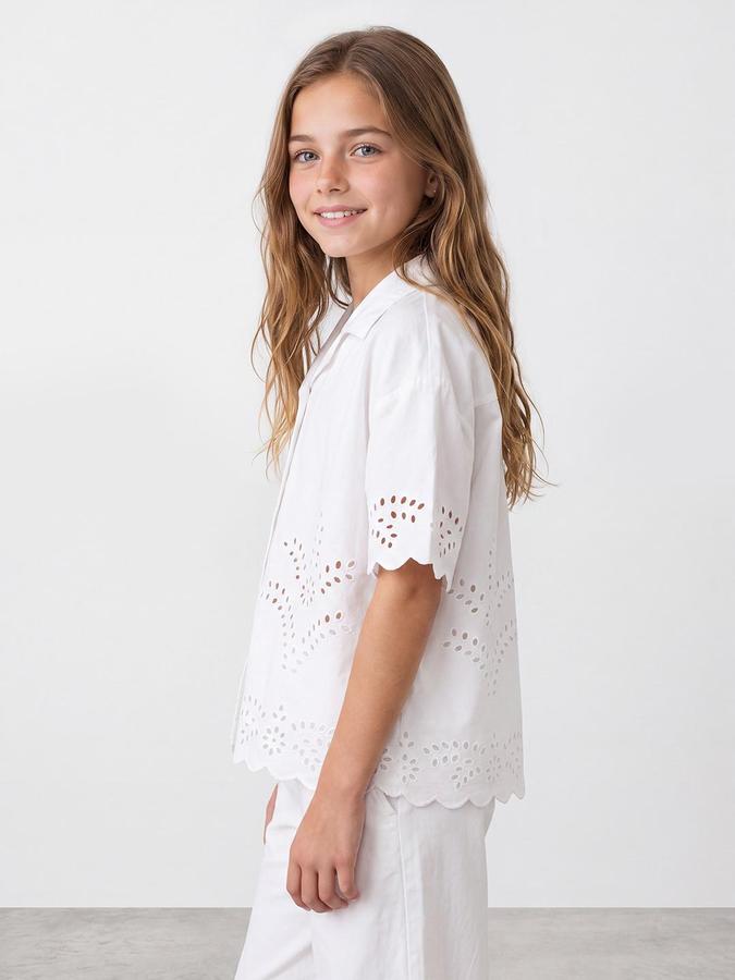 R&B Girls White Self Design Collared Neck Short Sleeves Shirt