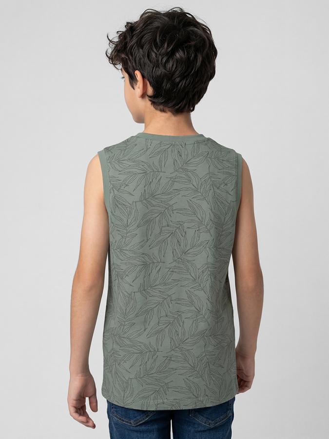 R&B Green Floral Print Boys Round Neck Regular Fit Sleeveless T-Shirt 